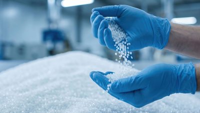 <h3>Heat transfer oil supply in plastics production</h3> Gloved hands pouring white plastic pellets in an industrial facility, used as heat transfer medium.
