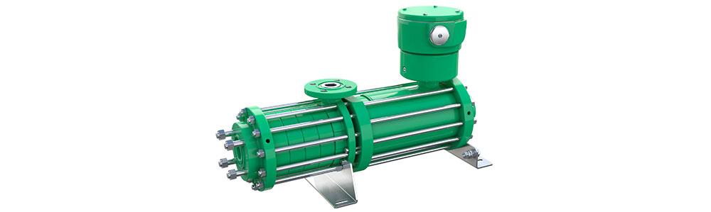 Split-case motor pumps Green horizontal multistage centrifugal pump with flanged connections and stainless steel tie rods on white background.