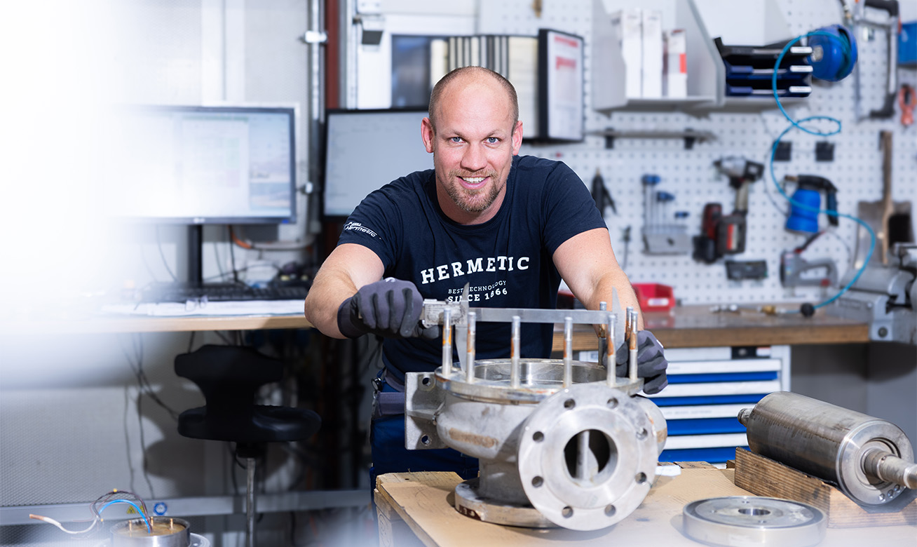 <h2>The key differences at a glance </h2> A technician in a HERMETIC t-shirt works on an industrial pump assembly in a well-equipped workshop.