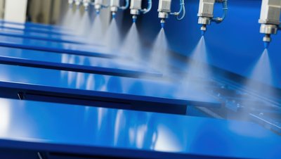 Industrial spray nozzles applying a fine mist coating onto blue metal panels in a manufacturing process.