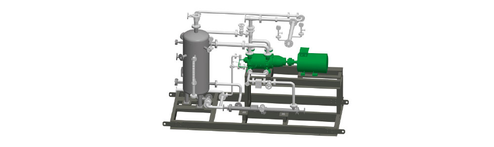 Industrial vacuum pump system with vertical separator vessel, centrifugal pump with green motor, and interconnected piping on a skid frame.