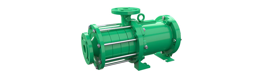 Green horizontal multistage centrifugal pump with flanged connections and tie rods, mounted on a base frame.