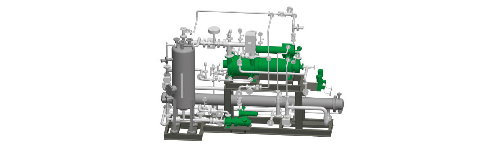 3D model of an industrial vacuum pump system with green-highlighted components, piping, valves, and a cylindrical vessel on a frame.