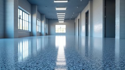 Polished epoxy floor in an empty industrial corridor with fluorescent lighting and large windows.