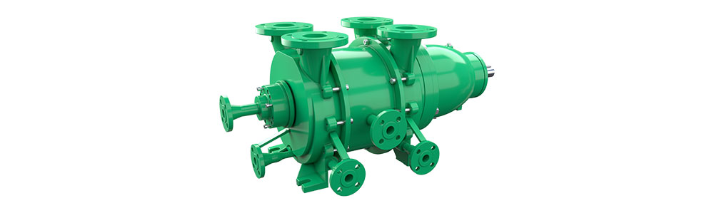 Green multi-stage centrifugal pump with multiple flanged connections, used in energy industry applications.