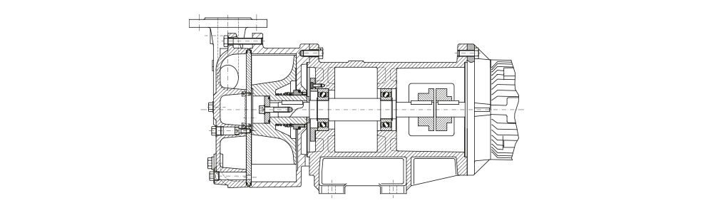 Cross-sectional technical drawing of a vacuum pump, showing internal components including rotor, bearings, and housing.