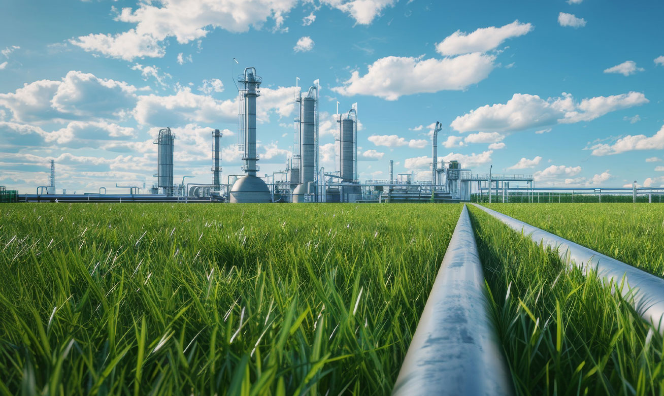 Industrial chemical plant with distillation towers and pipelines across lush green fields under a blue sky.