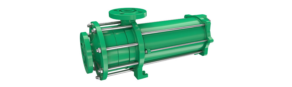 Green horizontal multistage centrifugal pump with flanged connections and stainless steel tie rods for mobility applications