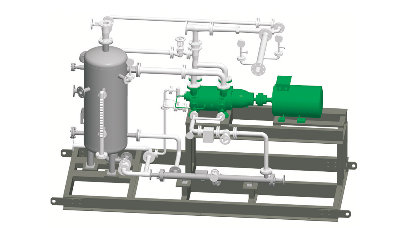 3D CAD model of an industrial vacuum pump system with pressure vessel, green motor-pump unit, and interconnected piping on a skid frame.