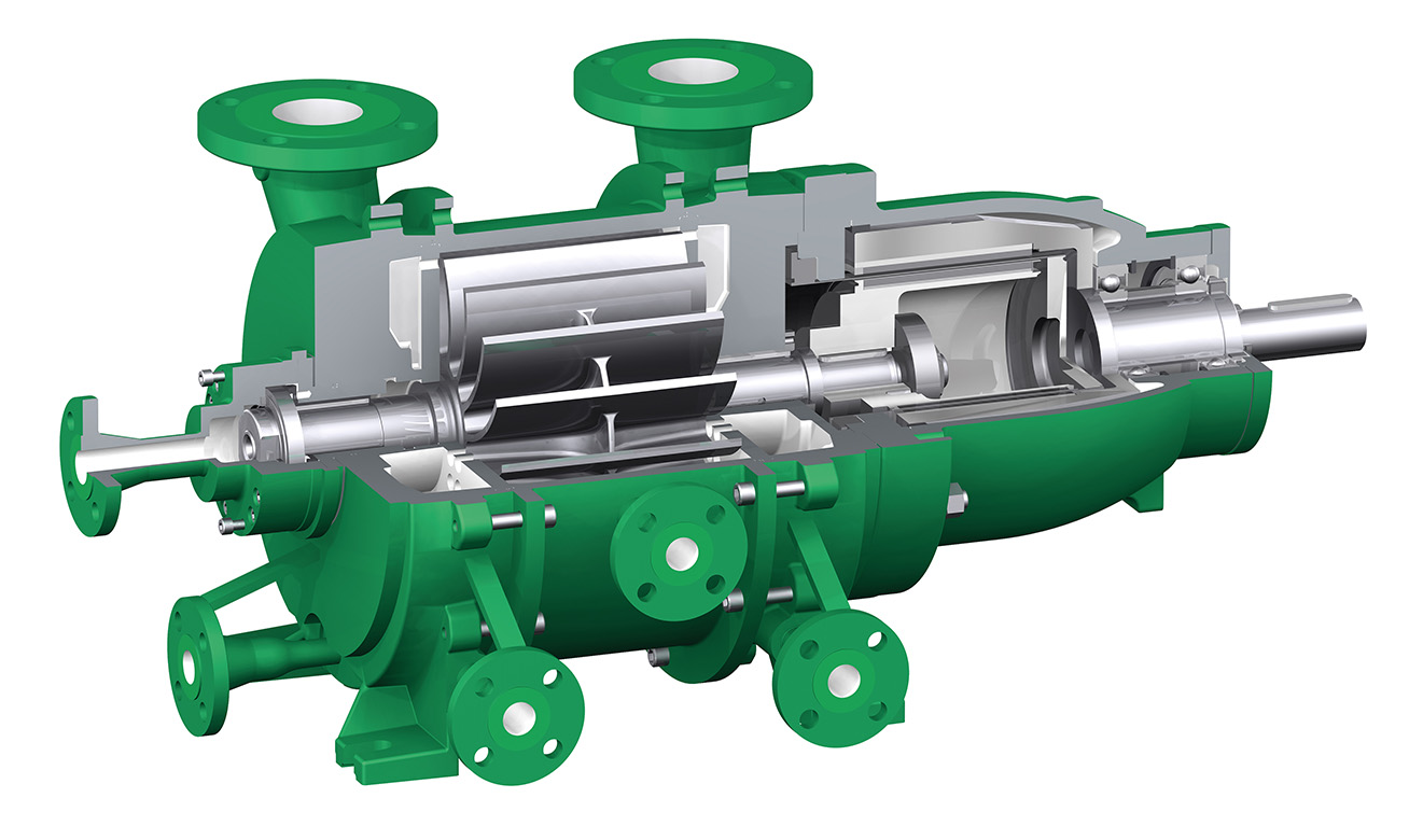 Cutaway view of a multistage centrifugal pump with green casing, revealing internal impellers and shaft components.