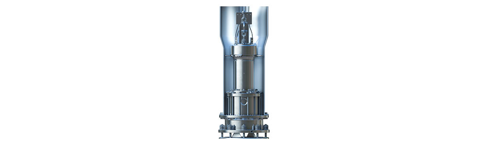 Green centrifugal pump with flanged connections and mounting base for industrial applications in the wind power sector