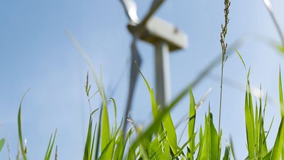Wind turbine rising above lush green grass against a clear blue sky, symbolizing renewable energy