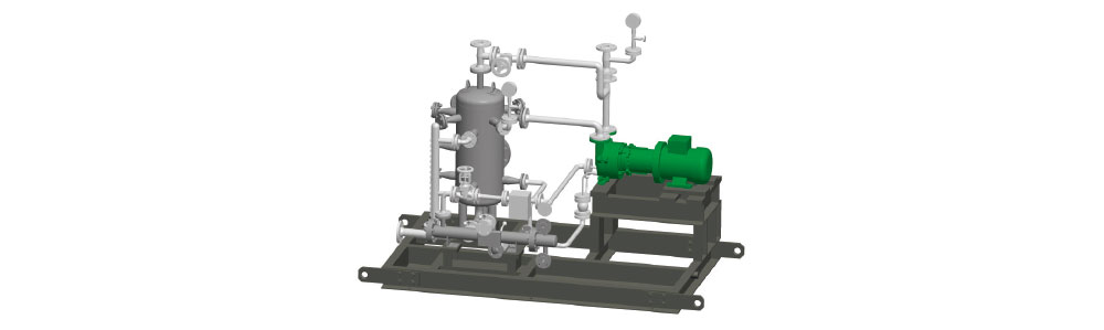 Vacuum pump system skid with vessel, valves, piping, and green electric motor on dark steel base frame.