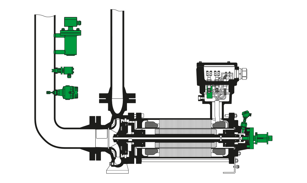 Technical diagram of an industrial multi-stage centrifugal pump system with green monitoring sensors and control unit.