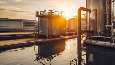 Industrial water treatment facility with storage tanks, pipes, and settling basin reflecting golden sunset light.