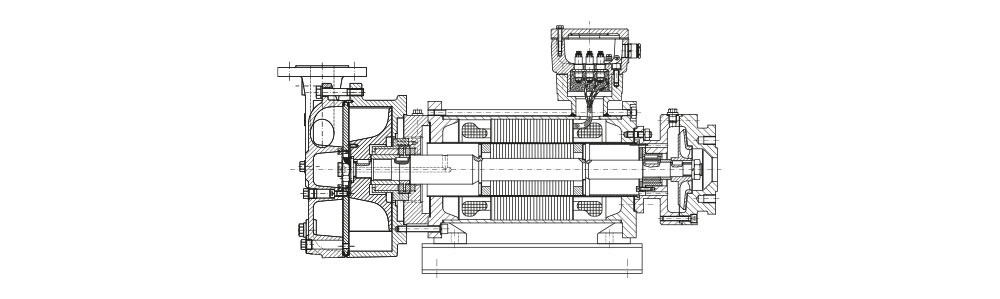 Cross-sectional technical drawing of a multistage vacuum pump showing internal components and assembly details.